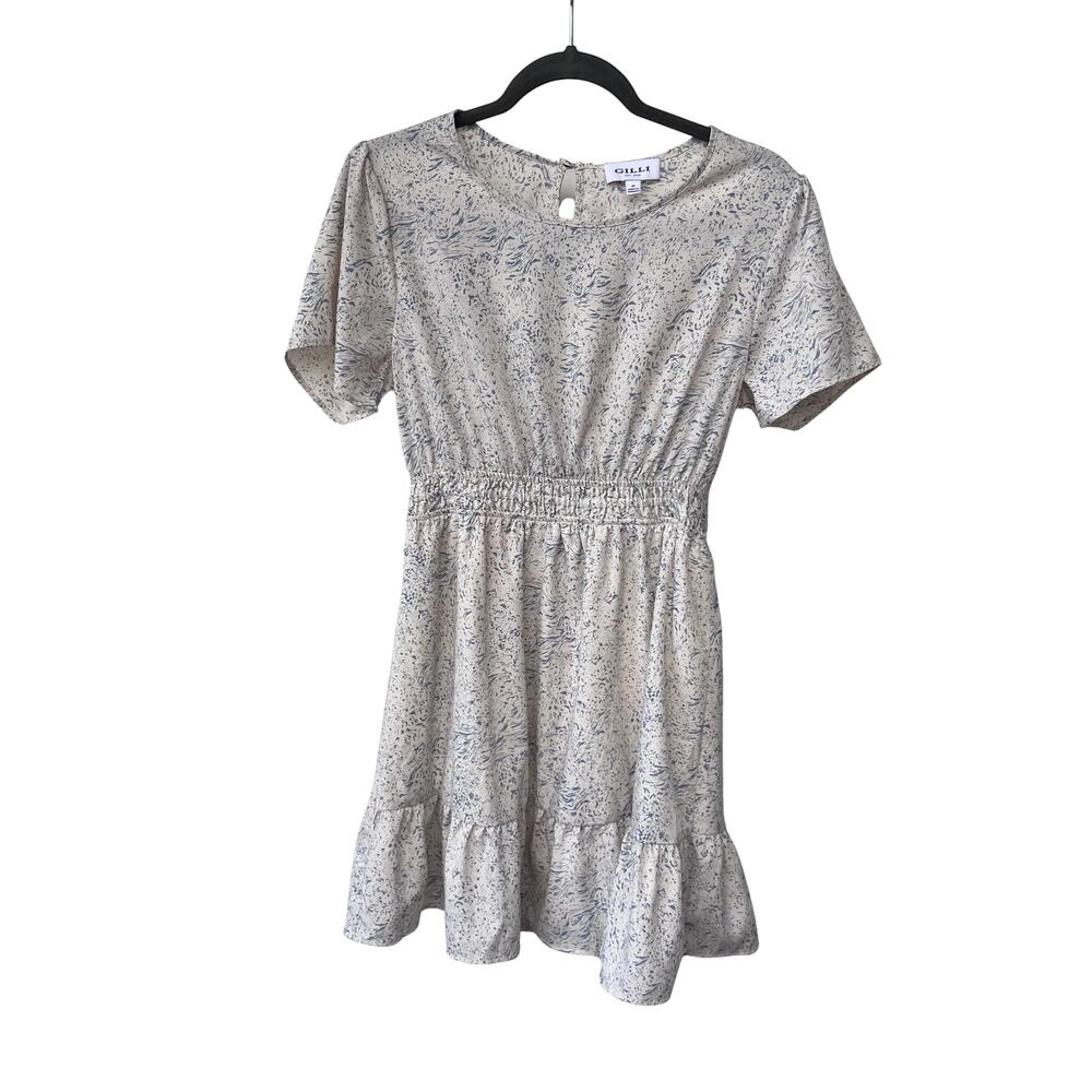 Gilli Abstract Blue White Print Short Sleeve Mini Dress Ruffle Hem Women’s M